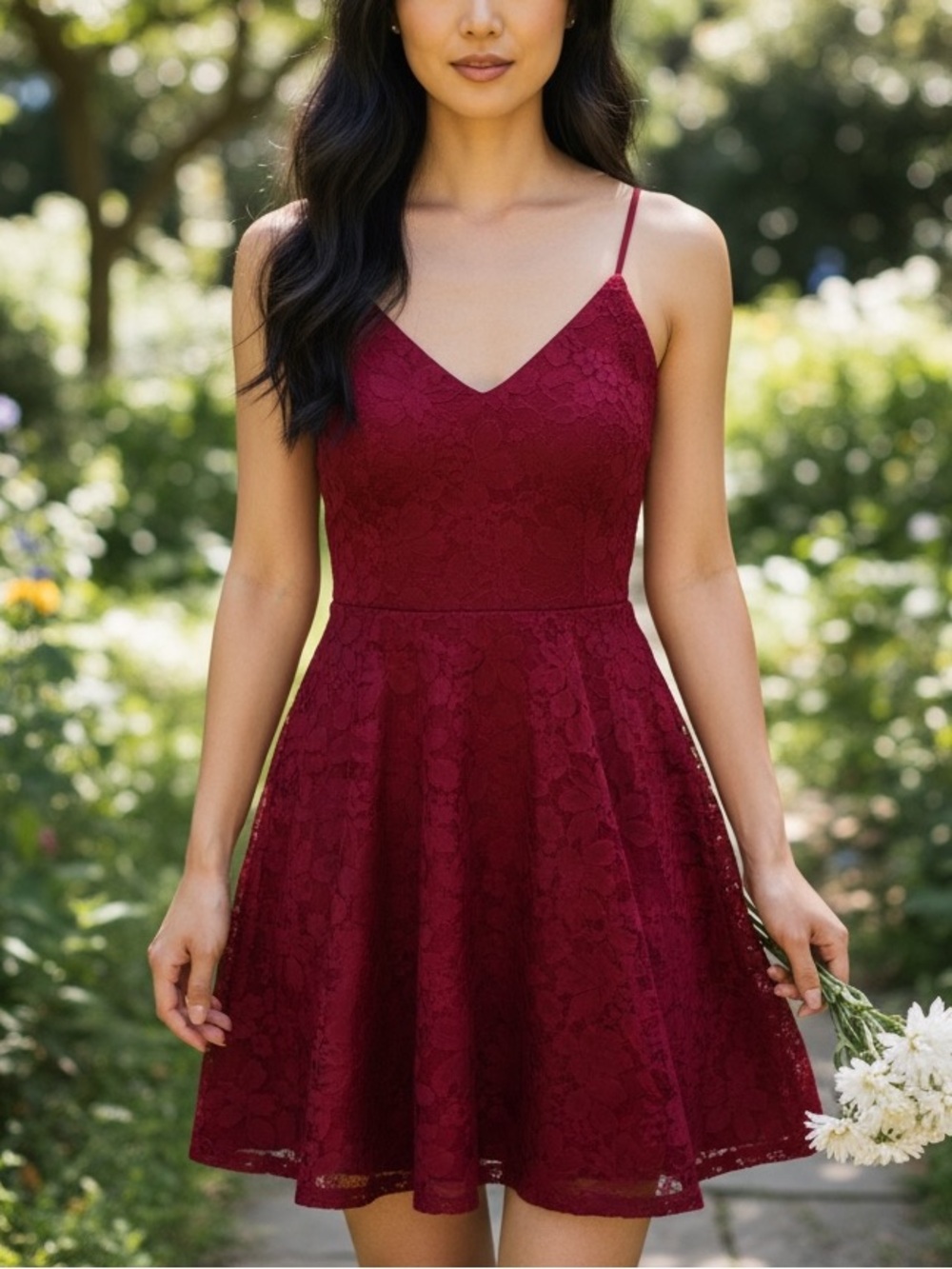 Lulu's Burgundy Lace Spaghetti-Strap Fit & Flare Mini Dress